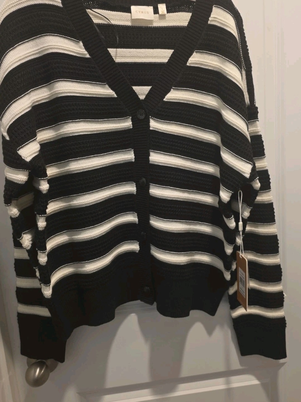 Cyrus Black and White Striped Button-Front Cardigan